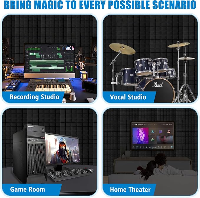 4 Pack Acoustic Foam Panels, 2" x 24" x 48" Sound Proof Foam Panles | High Density Fireproof Sound Proof Wall Tiles, Noise Dampening & Echo Reduction for Recording Studio & Home Office, Black