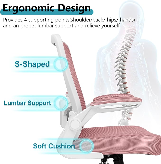 FelixKing Office Chair, Ergonomic Desk Chair Breathable Mesh Chairs Adjustable High Back Lumbar Support Flip-up Armrests, Executive Rolling Swivel Comfy Computer Chairs Home Office Rose Quartz