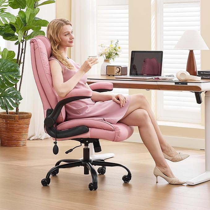 CIOMAN 500lbs Big and Tall Office Chair with Inflatable Lumbar Support, Rubber Wheels Executive Chair with Rocking Function, High Back Wide Cushion Ergonomic Desk Chair for All-Day Sitting,Pink
