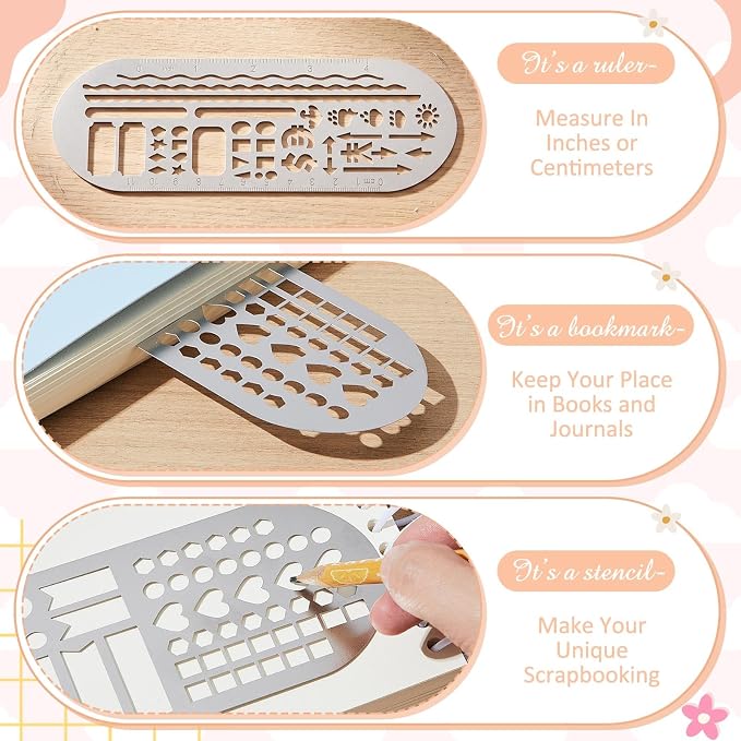 Chinco 4 Pieces Stencils Metal Journal Template 7.9 x 2.4 Inches Bookmark Ruler School Supplies Stainless Steel Stencils Set for DIY, Engraving, Painting, Scrapbooking(Classic Style)