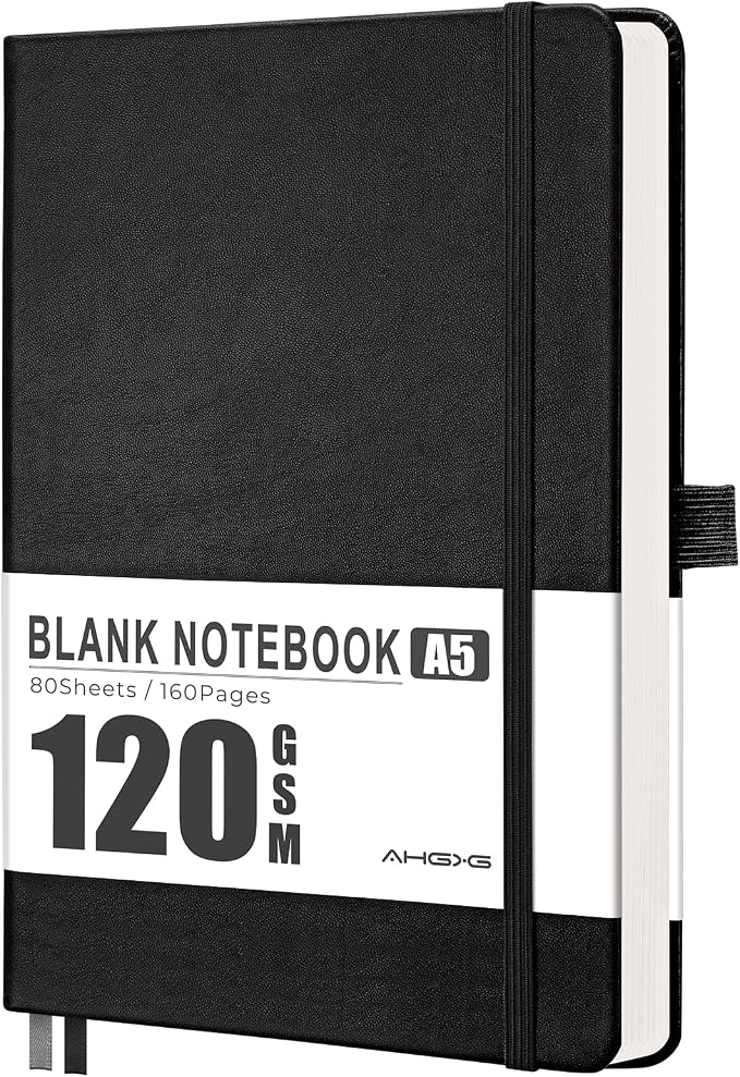AHGXG Blank Journal Notebook, 160 Pages, A5 Medium Size (5.7'' x 8.3''), 120 GSM Thick Paper, Leather Hardcover, for Sketching, Drawing, Painting (Black)