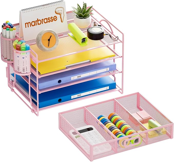 Marbrasse Desk Organizer, 4-Tier Paper File Letter Tray, Pink-2P | Sturdy Paper Tray, File Holder, Built-in Drawer, 2 Pen Slots, fits Letters/Files, for School Home Office Supplies