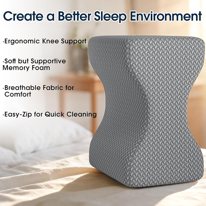BlissTrends Memory Foam Knee Pillow, Knee Pillow for Side Sleepers, Leg Pillows for Sleeping Blood Circulation, Elevation Pillow for Spine Aligning, Sciatica, Hip, Knee, Ankle Pain, Grey, Medium