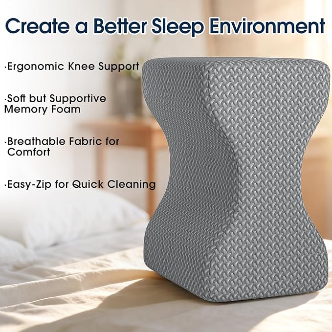 BlissTrends Memory Foam Knee Pillow, Knee Pillow for Side Sleepers, Leg Pillows for Sleeping Blood Circulation, Elevation Pillow for Spine Aligning, Sciatica, Hip, Knee, Ankle Pain, Grey, X-Large