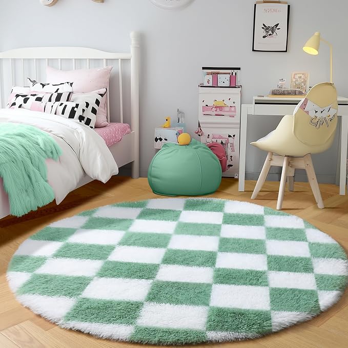 KICMOR Round Rugs 5ft for Bedroom Living Room, Fluffy Soft Circle Area Rug Fuzzy Shag Shaggy Carpet, Sage Green and White Checkered Circular Rug for Kids Boys Girls Room Nursery Home Decor Aesthetic