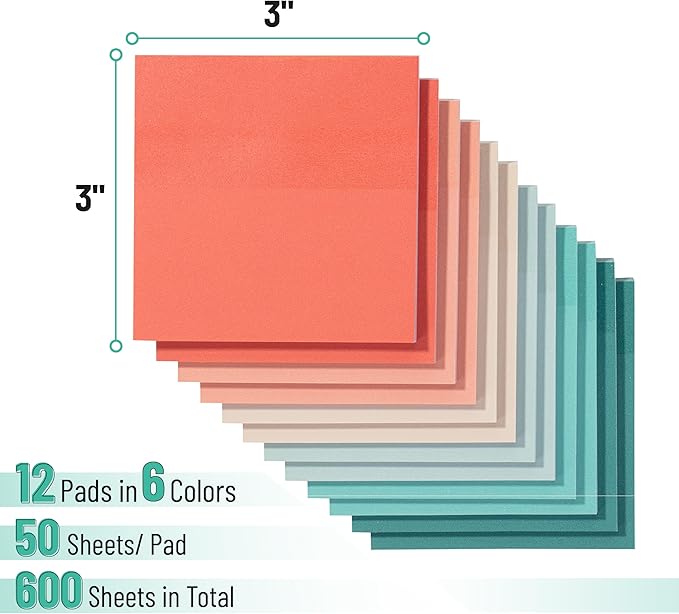 Mr. Pen- Sticky Notes, 3”x3”, 12 Pads, 600 Sheets, New Vintage Color Sticky Notes 3x3, Stocky Notes for Bible Journaling