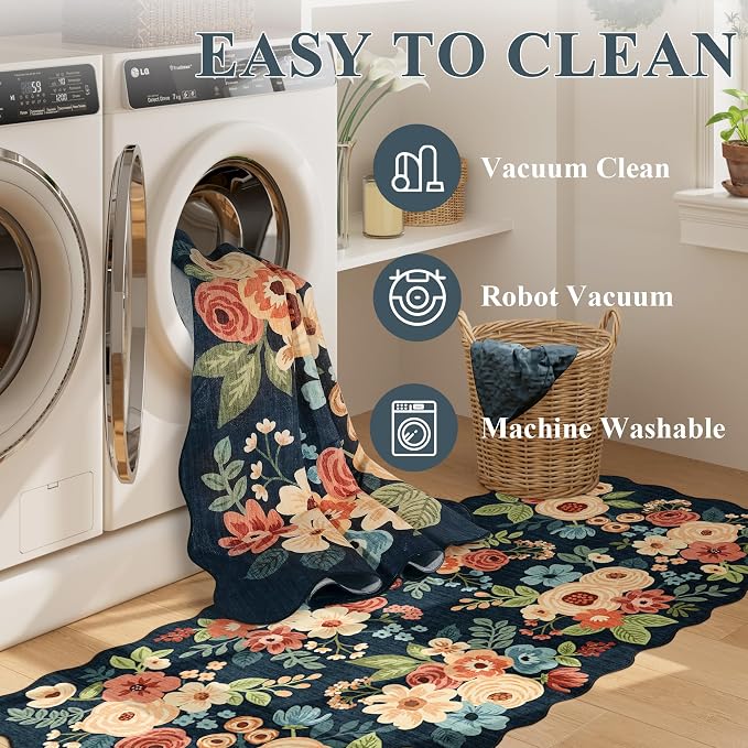 DUKINO 2.6x12 Runner Rug for Hallway, Non Slip Floral Washable Kitchen Rug with Low Pile Design, Boho Stain Resistant Floor Carpet Runner for Entryway, Bathroom, Laundry, Bedroom, Navy Blue