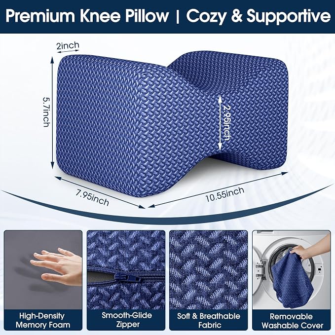 BlissTrends Memory Foam Knee Pillow, Knee Pillow for Side Sleepers, Leg Pillows for Sleeping Blood Circulation, Elevation Pillow for Spine Aligning, Sciatica, Back, Hip, Knee, Ankle Pain, Blue