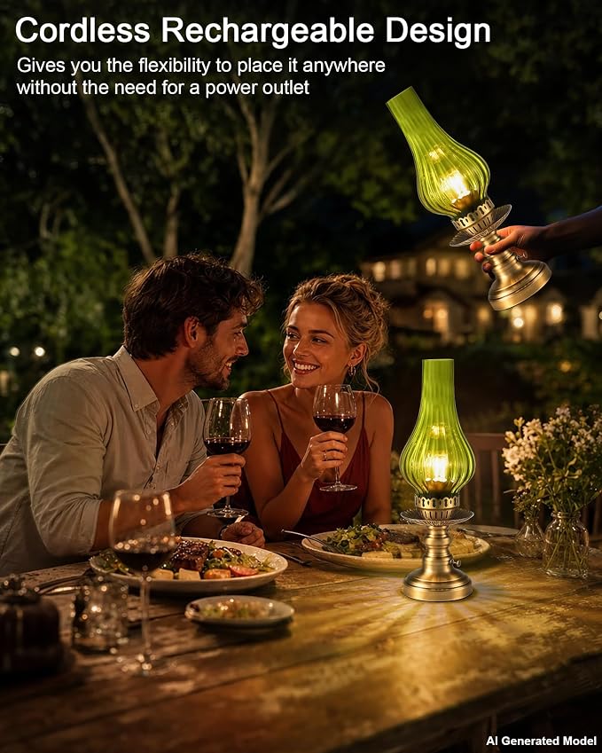 UMEXUS Vintage Small Cordless Table Lamp, Rechargeable Battery Powered | Touch Control Dimmer, Green Glass Shade & Gold Base Ambient Lighting, Home Decor for Bedroom Living Room Kitchen Nightstand