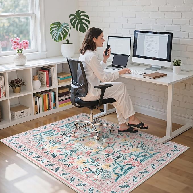 Anidaroel 48"x60" Office Chair Mat for Hardwood Floor/Tile Floor, Anti-Slip Floral Desk Mat for Chair,Boho Desk Rug for Office, Low Pile Office Rugs for Rolling Chairs, Blush Pink Floor Protector Rug