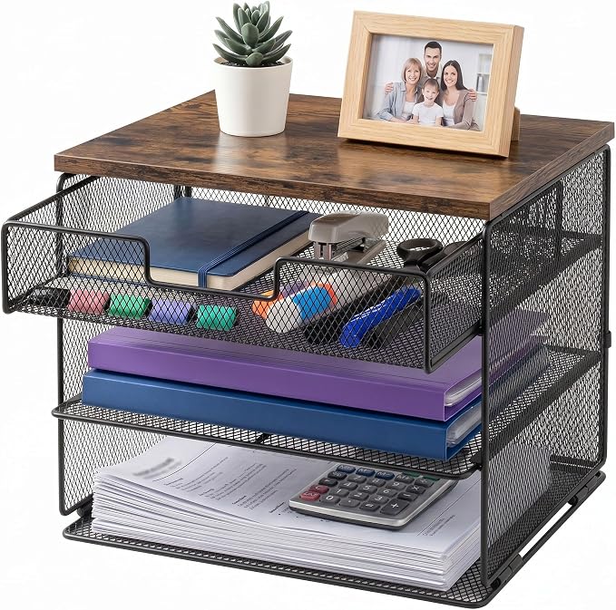 4-Tier Mesh Desk Organizer and Accessories with Drawer Wooden Top Desktop Organizers Letter Tray Paper Organizer File Holder for Home Office School Black