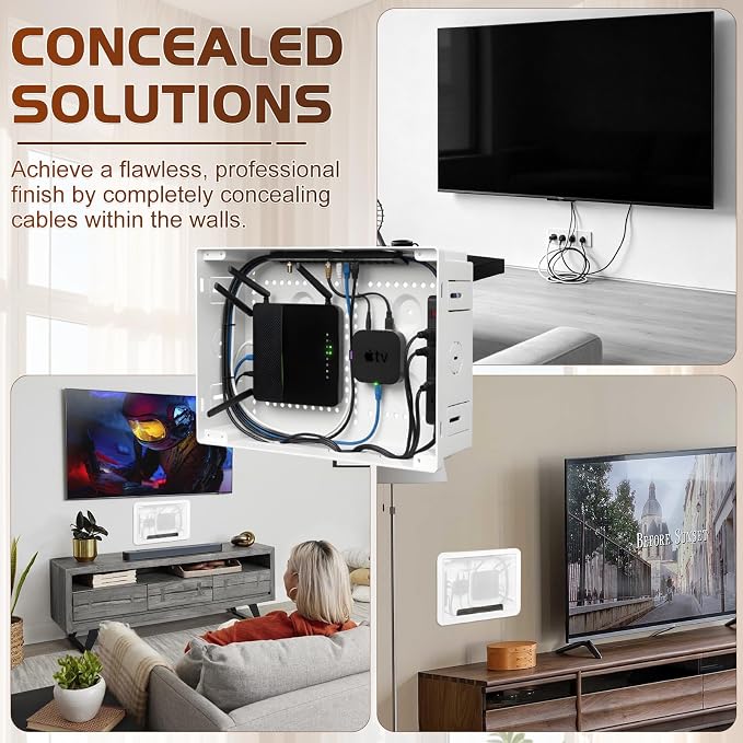9" in Wall TV Media Box for Device & Cable Management Hidden Outlet Box, Structured Wiring Enclosure with Custom Knockouts, WiFi Friendly, for Roku, Apple TV, Fire TV Stick & Samsung One Connect Mini