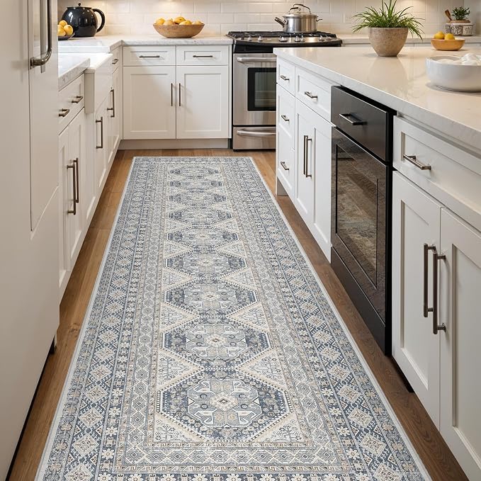 3x12 Runner Rug Kitchen Washable:Oriental Indoor Hallway Runners with Non Slip Backing Floor Mat for Entryway Door Low Pile Thin Carpet for Bedroom Bathroom Living Room Bedside (Blue, 3x12)