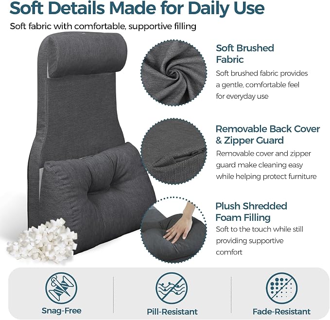 Shinnwa Adjustable Lumbar Support Pillow for Recliner with Headrest | Self-gripping fabric,Shredded memory foam filling,Back Support Pillow with Headrest, Lower Back Pillow for Chair and Couch