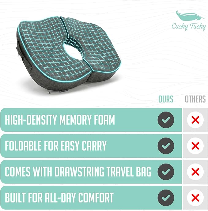 Cushy Tushy Tailbone Pain Relief Cushion - Premium Foldable Travel Tailbone Seat Cushion - for Relief of Lower Back, Sciatic, Butt and Tailbone Pain - Perfect for Home, Office & Driving