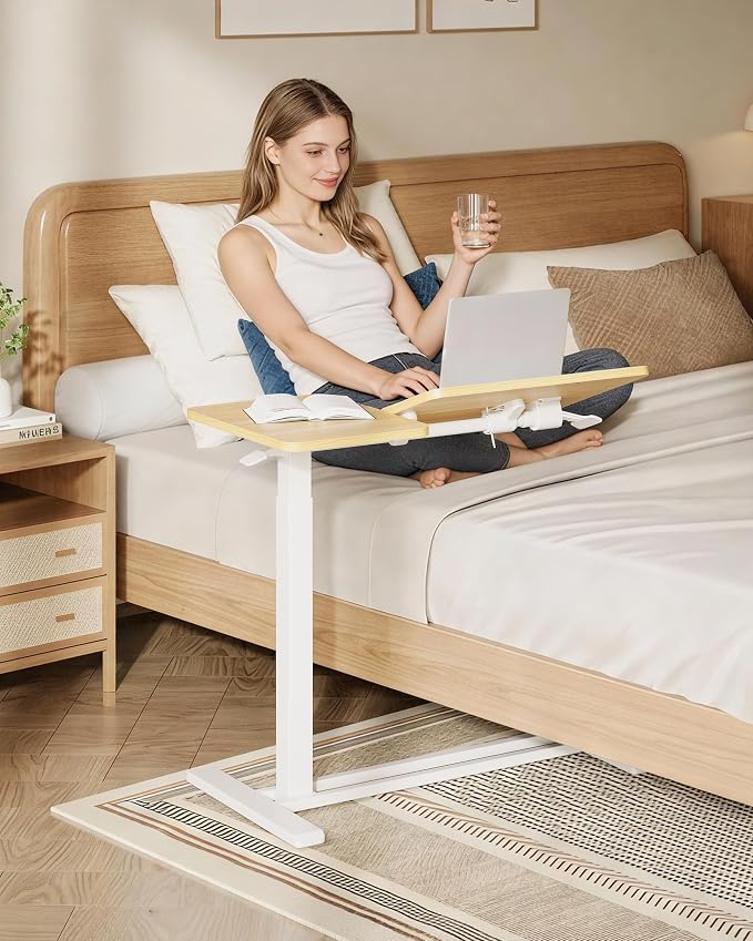 SANODESK 32''Overbed Table Gas Spring Lifting with Wheels&Tilting Desktop | Rolling Mobile Laptop Desk End Table,Portable Computer Workstation for Home Office,Sofa,Bedside,31.5" W x 17.7" D,Maple