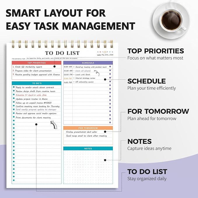 To Do List Notepad Notebook for Work 8.5"x11"Undated Daily Planner | Checklist Note Pad with Schedule, Task Tracker, Stay Organized, Office Supplies & Desk Accessories, 52 Tear-Off Sheets, Gray