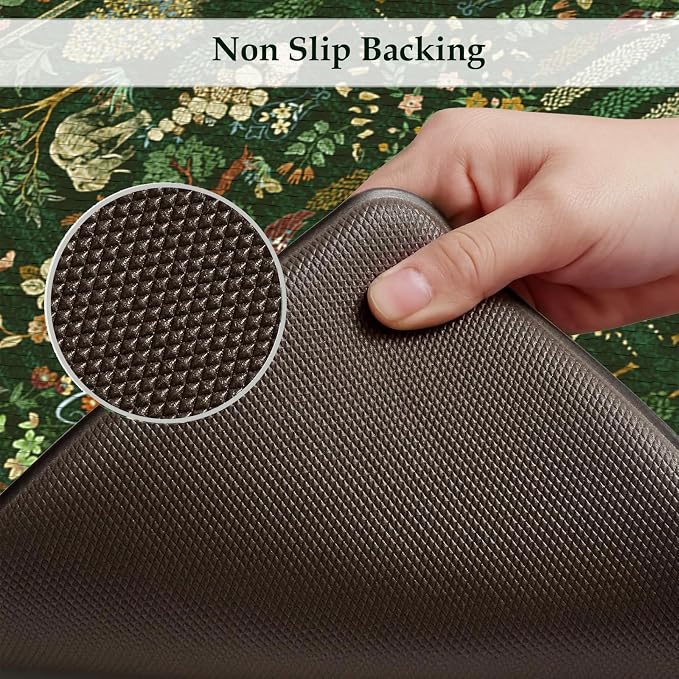 KIMODE Kitchen Mats Cushioned Anti Fatigue 17"x47"+17"x29", Farmhouse Kitchen Mats for Floor 2 Piece, Dark Green Padded Kitchen Floor Mats Non Slip, Standing Mat for Laundry Office Sink Desk