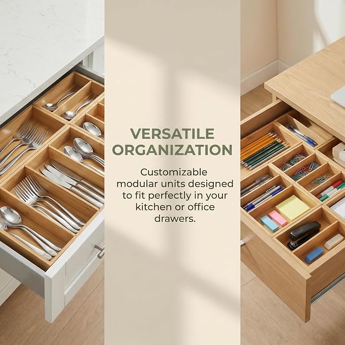 Bamboo Drawer Organizer with Removable Dividers, Fits Kitchens, Bathrooms, Desk, Utensil, Makeup (Natural, S)