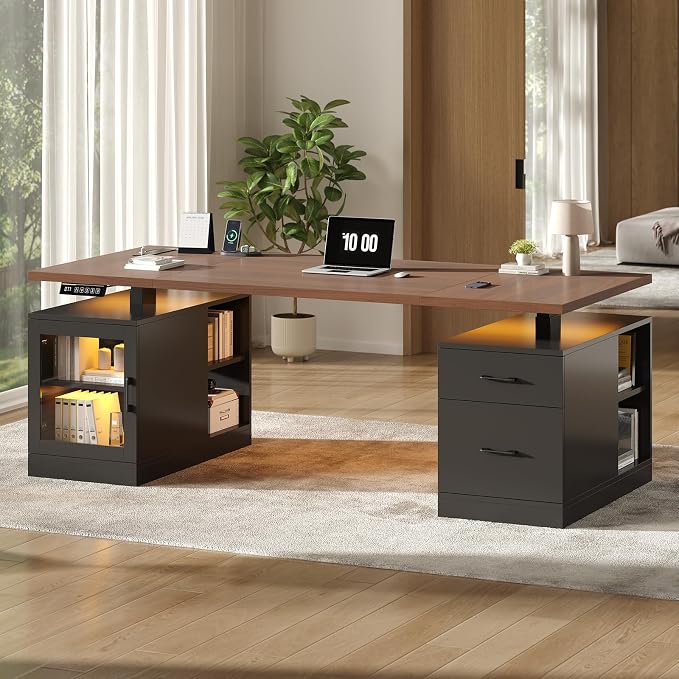 UPOSOJA 71 in Executive Standing Desk, Electric Height Adjustable Desk with Storage Drawers, Glass Cabinet, Shelves, Power Outlet, LED Light, Wood Sit Stand up Computer Desks for Home Office (Black)