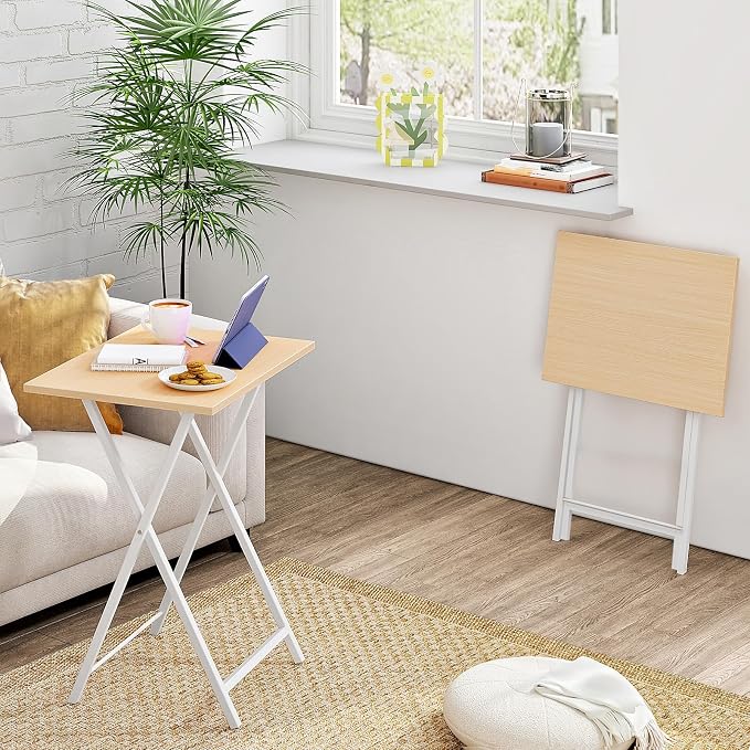 HOOBRO Folding TV Tray Tables, Set of 2 Side Table for Small Space, Industrial Snack Tables for Eating at Couch, Stable Metal Frame, Easy Assembly, Space Saving, Natural and White WN25BZ01