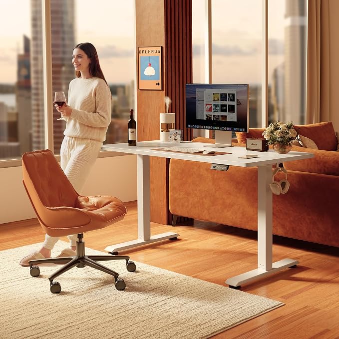 FEZIBO 48 x 24 Inchs Electric Standing Desk, Height Adjustable, Sit Stand Up, Computer Office Desk with Splice Board, White Frame/White Top