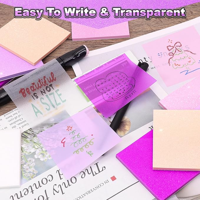 Transparent Sticky Notes 600 Sheets, Frosted Glitter Stardust Purple 3x3 Inch, High Glass-Like Clear Seee Through Post Self-Adhesive Notes for Women Office School Teacher Planer Bible Supplies 12 Pads