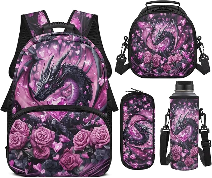 Dragon Heart Backpack for Girls 7-10, 4PCS School Backpack Set with Lunch Box & Pencil Case, Pink Rose 17 Inch Book Bag for Elementary Back to School