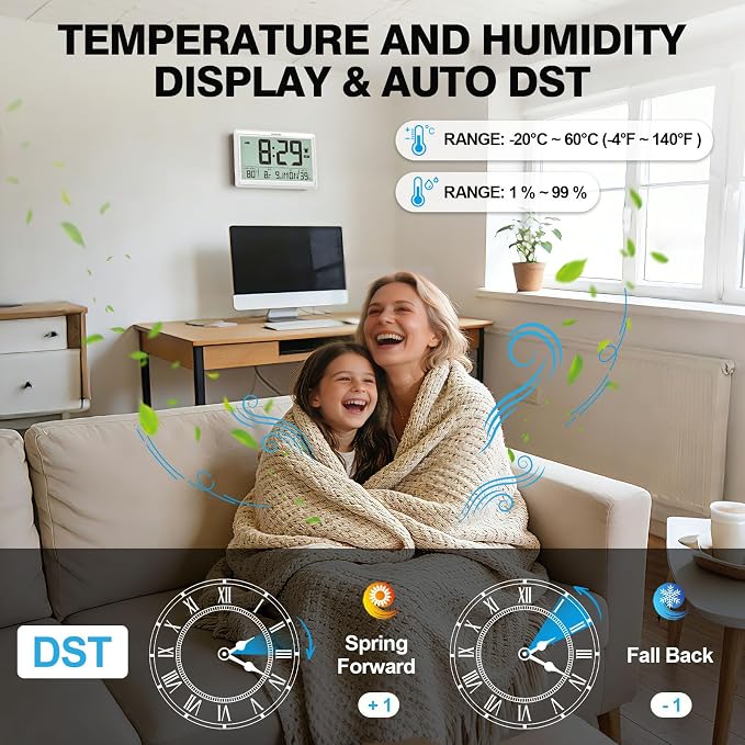 XREXS 10.4 Inch Digital Wall Clock Battery Operated Large Display Clock | Digital Calendar with Indoor Temperature/Humidity/Date/Day, Auto DST for Classroom, Livingroom, Office(No Backlight)(White)