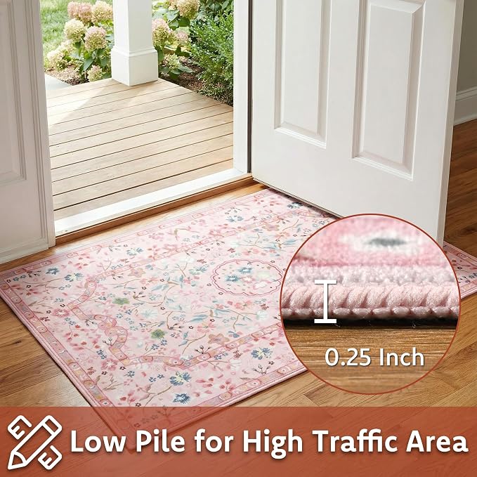 3x5 Area Rugs for Bedroom, Pink Machine Washable Rug, Non-Slip Low Pile Throw Rugs with Rubber Backing Printed Vintage Floral Carpet for Living Room Dining Room Kitchen Home Decor