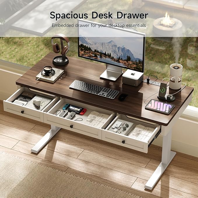 ONBRILL Standing Desk with 3 Drawers, 63 x 24 Inch Electric Height Adjustable Desk with Storage & Outlets, for Computer Workstation, Home Office, Retro Curved Table Corner & Drawers, Walnut