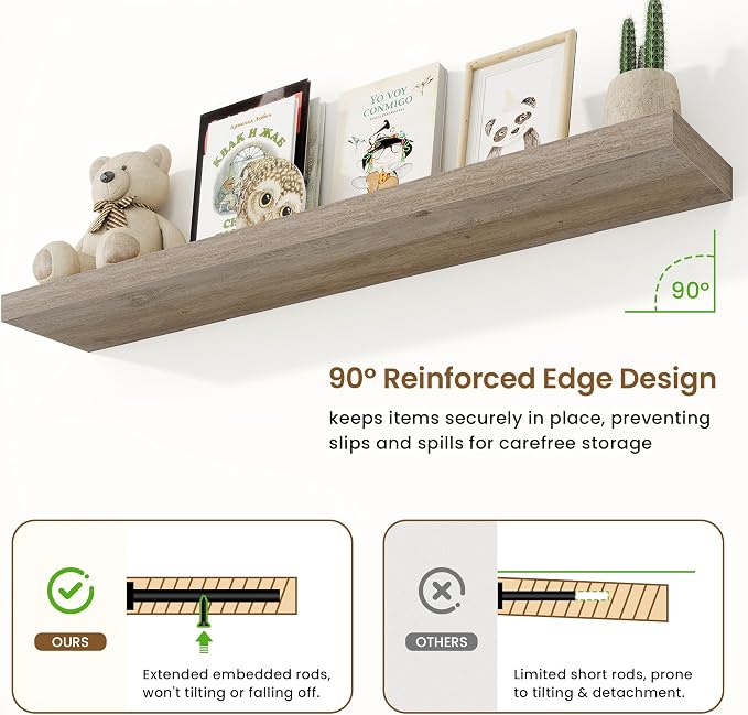 Marsmiles 55in Floating Shelves for Wall, 55" W x 9.25" D x 1.5" H, Long Wall Mounted Engineered Wood Shelves with Invisible Brackets for Living Room, Bedroom, Bathroom, Kitchen, Grey, 2Pcs