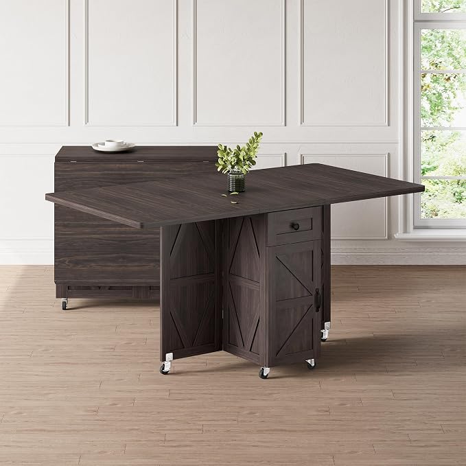 Space Saving Folding Dining Table for 2-4, Farmhouse Foldable Dining Table with Drawer and Storage Shelf, 6 Wheels Drop Leaf Kitchen Dining Room Table for Small Space (Walnut 47.2" x 23.6" x 29.5")