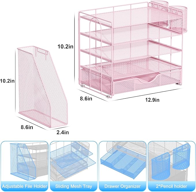 gianotter 5-Tier Desk Organizer with Drawers and File Holders | Letter Trays and Pen Holders - Workspace Accessories for Office Supplies (Pink)