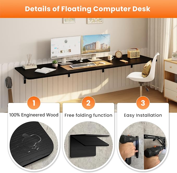 IAE Wall Mounted Floating Foldable Desk 72" x 22" Folding Computer Workstation Table with Engineered Wood and Metal Shelf Brackets,Fold&Floating Design for Home Office, Apartment,Laundry Room,Black
