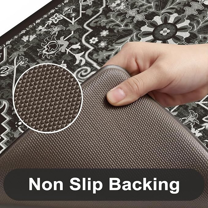 KIMODE Anti Fatigue Kitchen Mat Cushioned, Boho Kitchen Rugs Sets of 2 | Non Slip Memory Foam Kitchen Mat for Floor, Distressed Standing Desk Mat for Laundry Office Sink 17.3"x29"+17.3"x59" Black