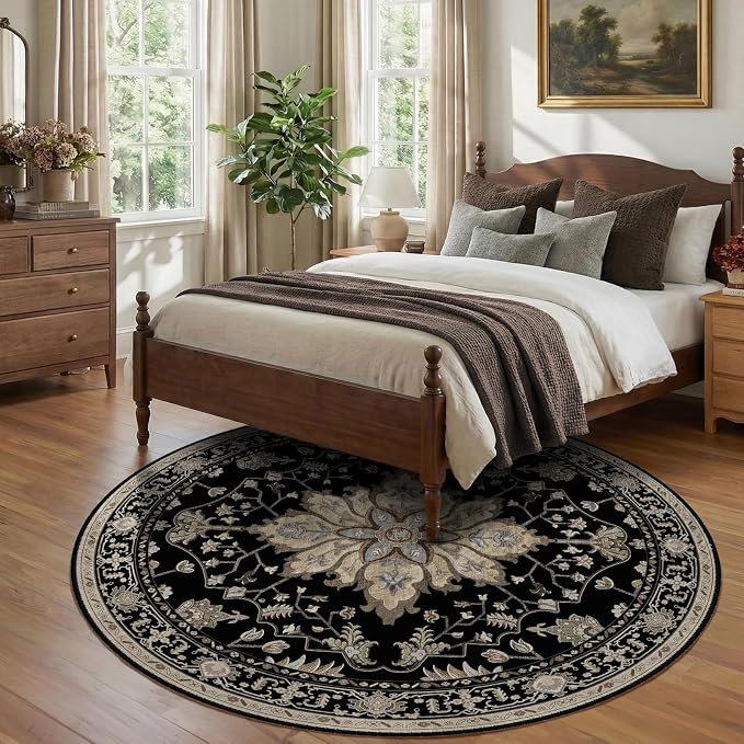 RELEANY Area Rugs Round 8ft Washable Non-Slip, Floral Vintage Distress Medallion Carpet for Living Room Bedroom Dining Room, Black Brown Neutral Dark Tan