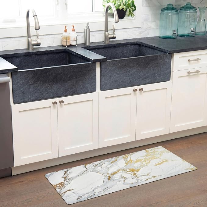 Home Dynamix Cozy Living Modern Marble Runner Anti-Fatigue Kitchen Mat, Non-Slip Floor Mat, Padded Standing Desk Mat, Gold/White, 17.5"x55"