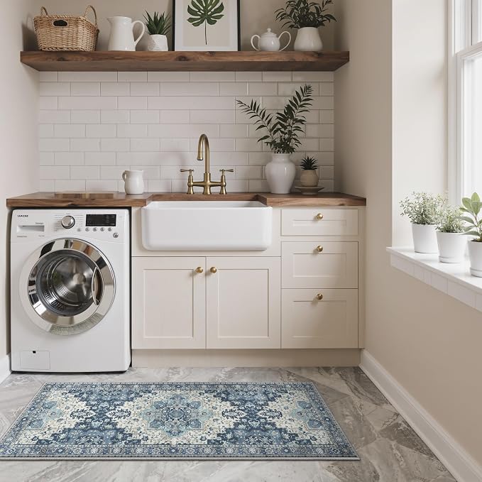 GENIMO Kitchen Rugs Non Slip Washable, 2PCS Kitchen Mats for Floor, Cushioned Standing Mat, Kitchen Runner Rug Floor Mat for Hallway, Laundry, Sink, Entryway, Home, 20"x32"+20"x48", Navy Blue