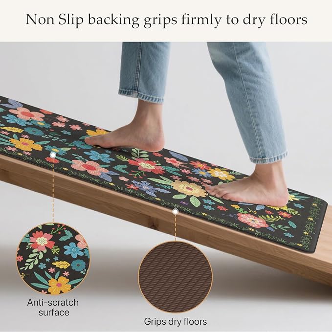 GENIMO Anti Fatigue Kitchen Runner Mats for Floor, Cushioned Standing Mats | 23"x71" , Black vintage floral rug set, waterproof, non slip, easy-clean for farmhouse