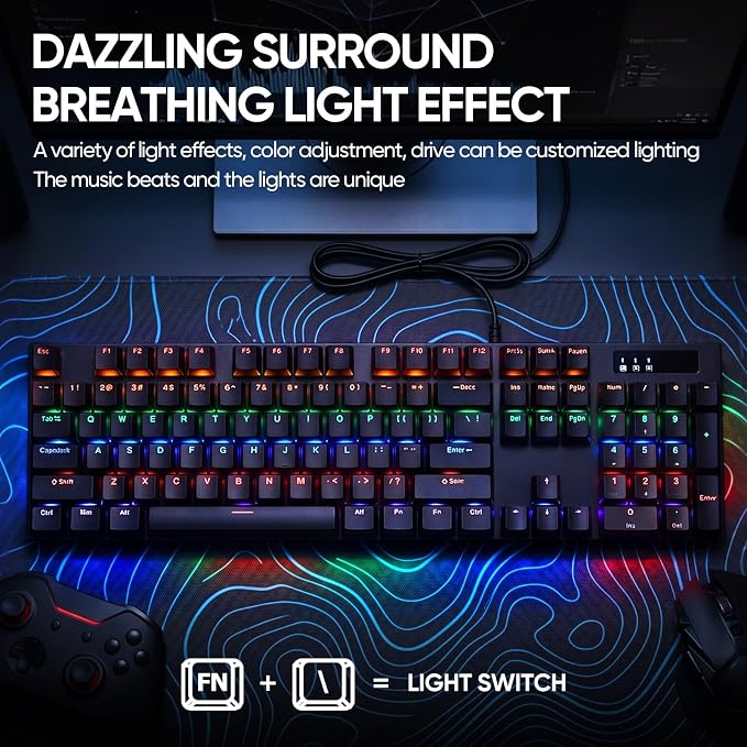 Guiheng Wired Mechanical Gaming Keyboard with Blue Switch, 104-Key Full Size RGB Backlit Wired Keyboard, Anti-Ghosting, Double-Shot ABS Keycaps, Lighted Computer Keyboard for PC Windows-Black