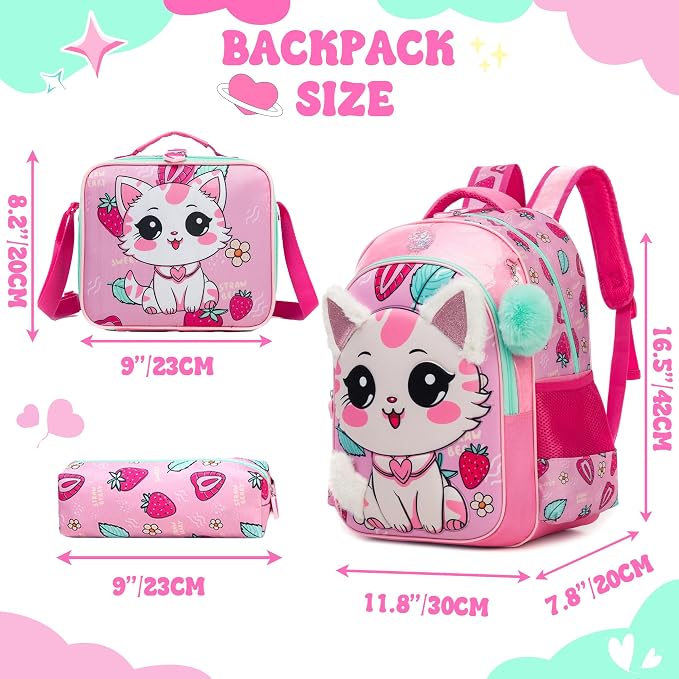 Kids Backpacks for Girls Backpack for School Cute Cat Travel Backpack for Kids with Lunch Box Kawaii Bookbag for Girls Back to School Supplies