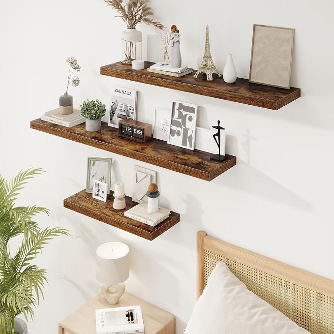 Marsmiles 36in Floating Shelves for Wall, 36" W x 9.25" D x 1.25" H, 2 Pack Long Wall Mounted Engineered Wood Shelves with Invisible Brackets for Living Room, Bedroom, Bathroom, Kitchen, Rustic Brown