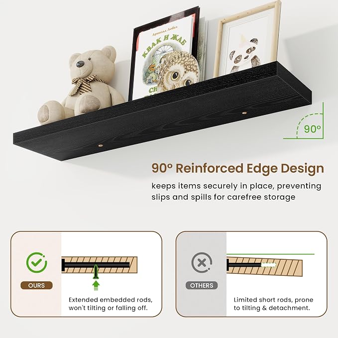40in Floating Shelves for Wall, 40"W x 9.25"D x 1.25"H, 2 Pack Long Wall Mounted Engineered Wood Shelves with Invisible Brackets for Living Room, Bedroom, Bathroom, Kitchen Decor and Storage, Black