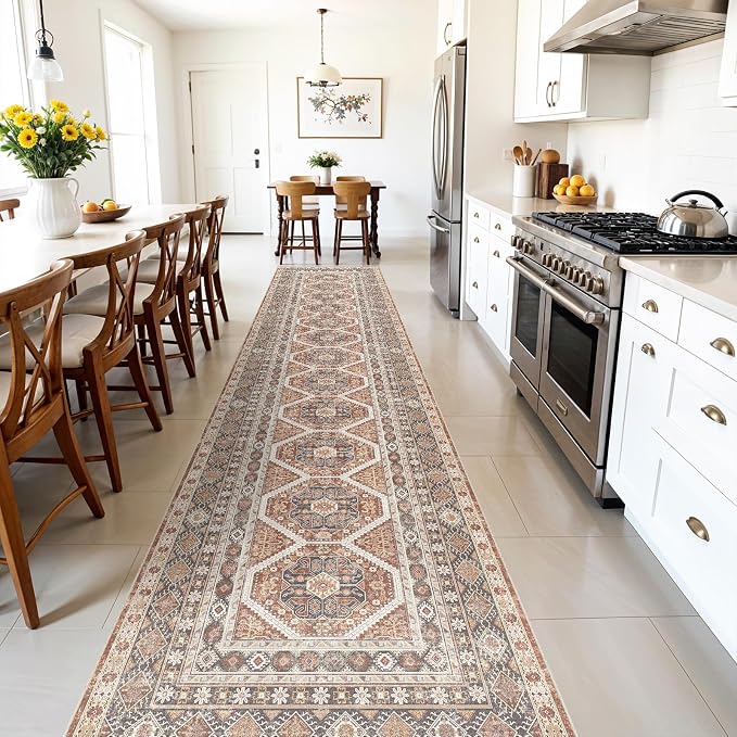 3x20 Runner Rug Kitchen Washable:Oriental Indoor Hallway Runners with Non Slip Backing Floor Mat for Entryway Door Low Pile Thin Carpet for Bedroom Bathroom Living Room Bedside (Brick, 3x20)