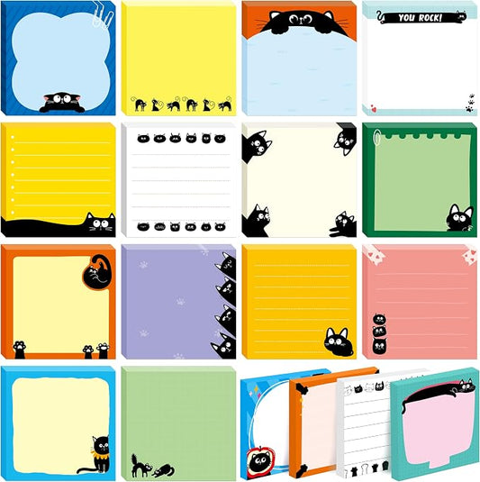 18 PCS Sticky Notes with Lines, Adhesive Note Pads Black-Cat Fun Notepads, Employee Appreciation Gifts Bulk for Teacher, Nurse, Coworkers, Office, Work & Study Supplies (3” x 3“)