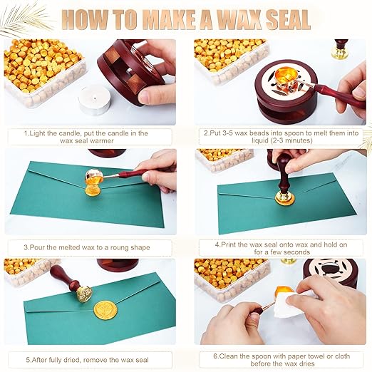 Wax Seal Stamp Kit - 357Pc Set with Wax Beads, Seal Stamp, Warmer, Spoon, Candles for Vintage Envelopes & Letters - Gold