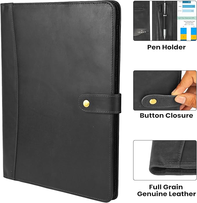 Leather Resume Portfolio Folder for Interview, Professional Padfolio Organizer Binder A4, Graduation & New Job Gift for Men Women – Black