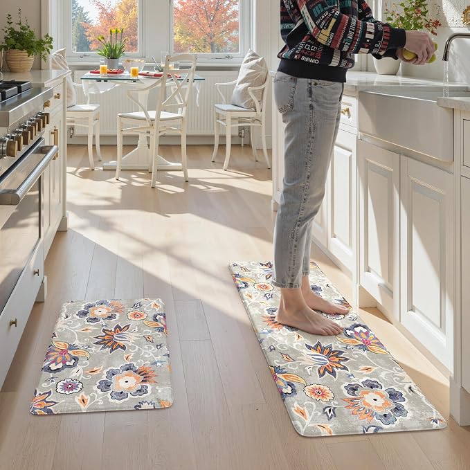LEEVAN Anti Fatigue Kitchen Mats for Floor, Cushioned Kitchen Mat Set 2PCS | 17.3"x29"+17.3"x47", Boho Floral Blue Gray Kitchen Rugs Non-Slip, Waterproof Ergonomic Standing Mat for Laundry, Office, Sink