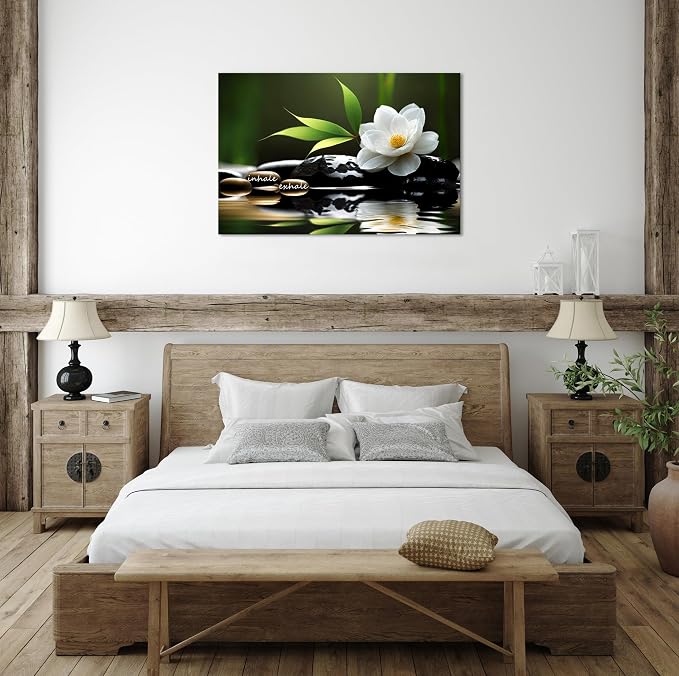 YIOZHAOFH Lotus Flower Wall Art Zen Canvas Inhale Exhale Poster Black Spas Nature Prints Pictures for Meditation Wall Decor Framed Artwork Ready to Hang (16.00" x 24.00")